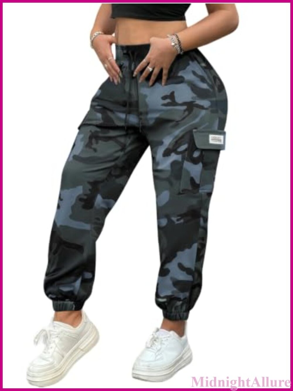 Women's Lightweight Quick-Dry Camo Cargo Pants Elastic Waist Cuffed Ankles
